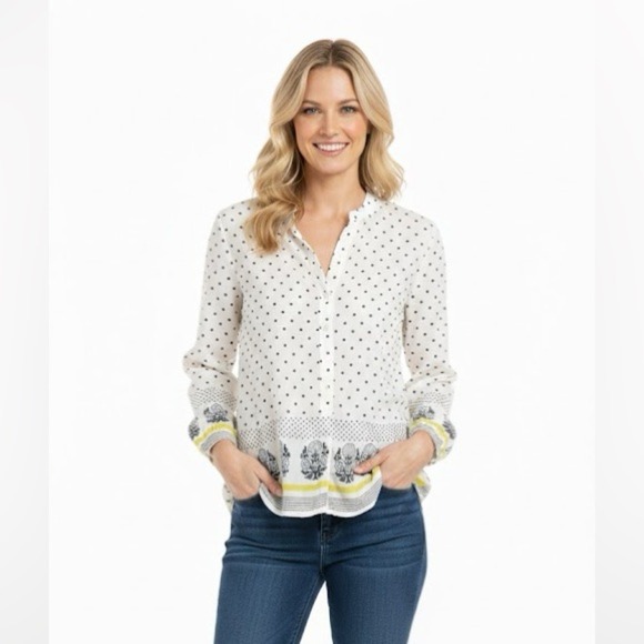 Lucky Brand Tops - Lucky‎ Brand Polka Dot Floral Border Button Down Top White Blue Yellow Small